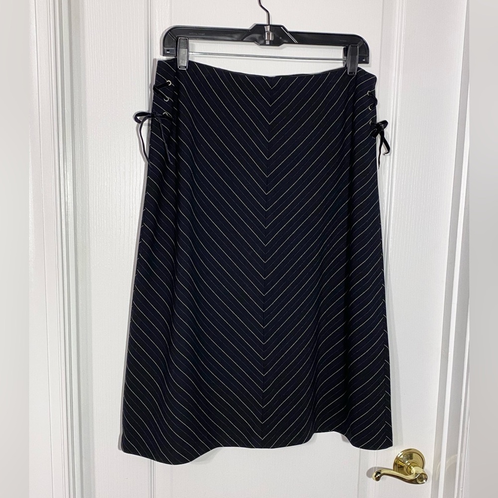 90s DLG Lace-Up Sides Chevron A-Line Midi Skirt Vintage Black Size 12